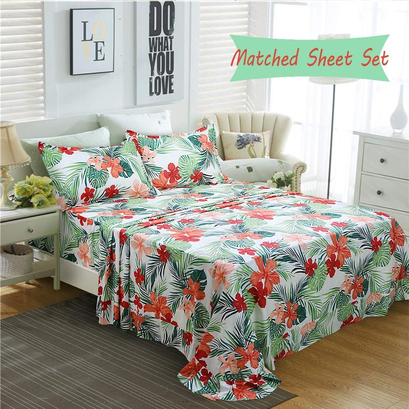 FADFAY Green Duvet Cover 100% Cotton Tropical Bedding Red Hibiscus Flower & Forest Green Palm Leaves Plants Watercolor Printed Zipper Closure Soft Breathable Girls Floral Bedding Set 3 Pcs, Full - Image 4